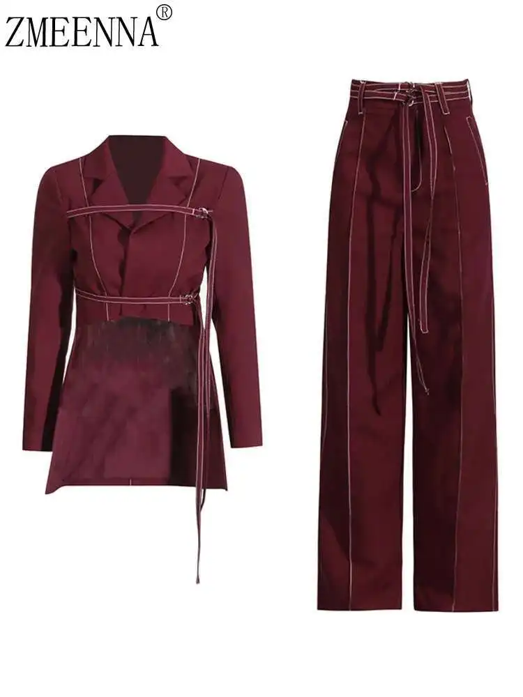 

ZMEENNA Irregular Notched Bandage Solid Color Coat + Highwaist With Belt Patchwork Pant Women's Set 2024 Autumn Winter New ZM499