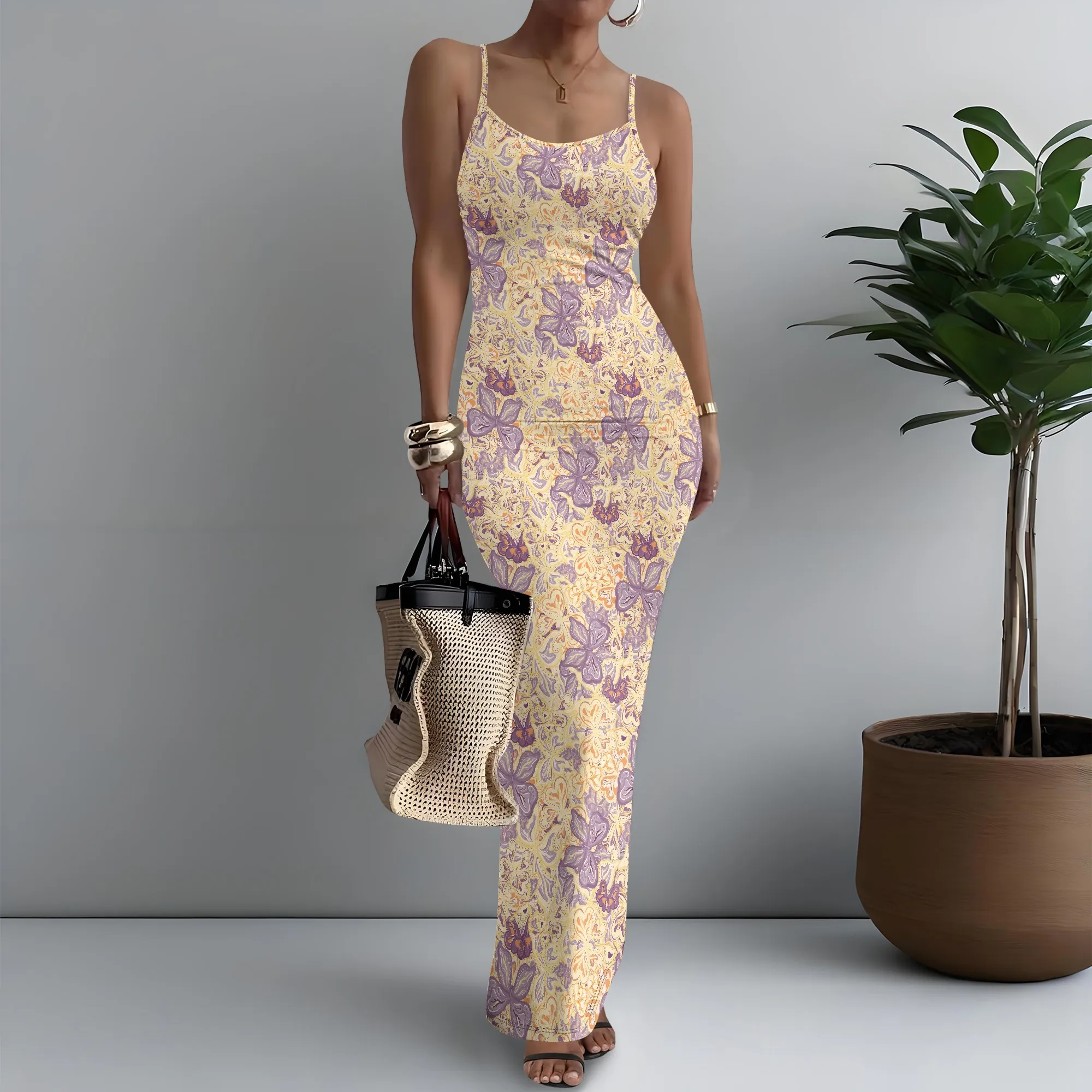 

Women's Spaghetti Strap Maxi Dress Retro Vintage Butterfly Print Diner XS-3XL