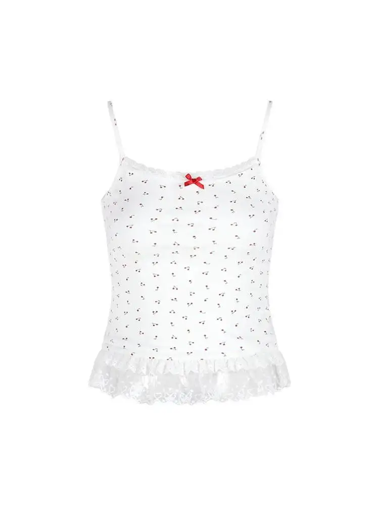 

Korean Sle White Floral Print Strap Vest Women Summer Knot Lace Trim Inner Sweet Spicy Girl Outerwear Top