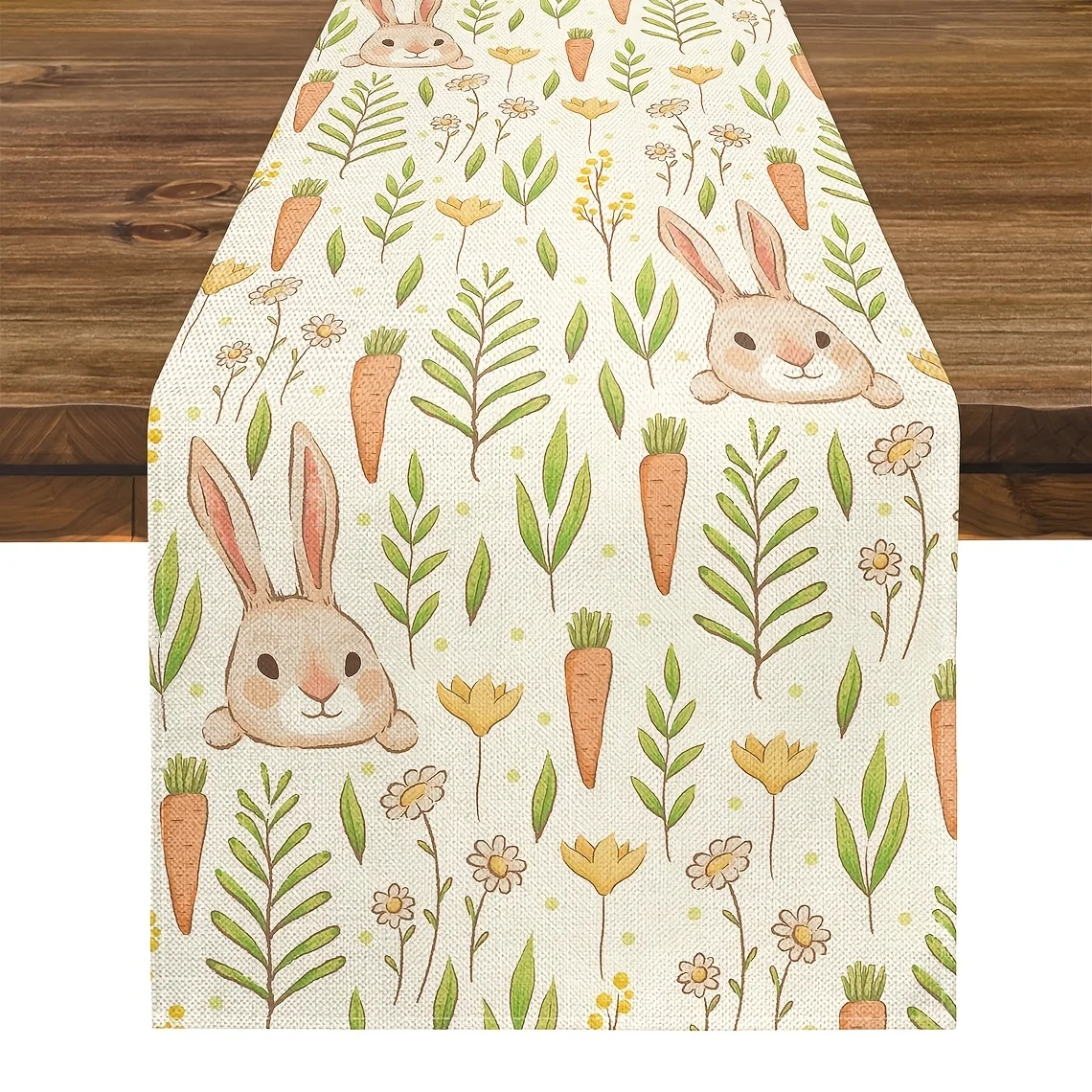 1pc Linen Craft Linen Easter Bunny Table Runner - Rectangular Seasonal Table Decor with Floral Design for Easter Holiday
