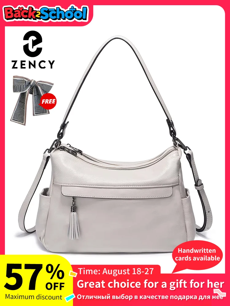 

Zency Women's Beige Soft Genuine Leather Shoulder Bag Trendy Crossbody Hobo Handbag with Tassel Designer Underarm Purse 2025 Sac