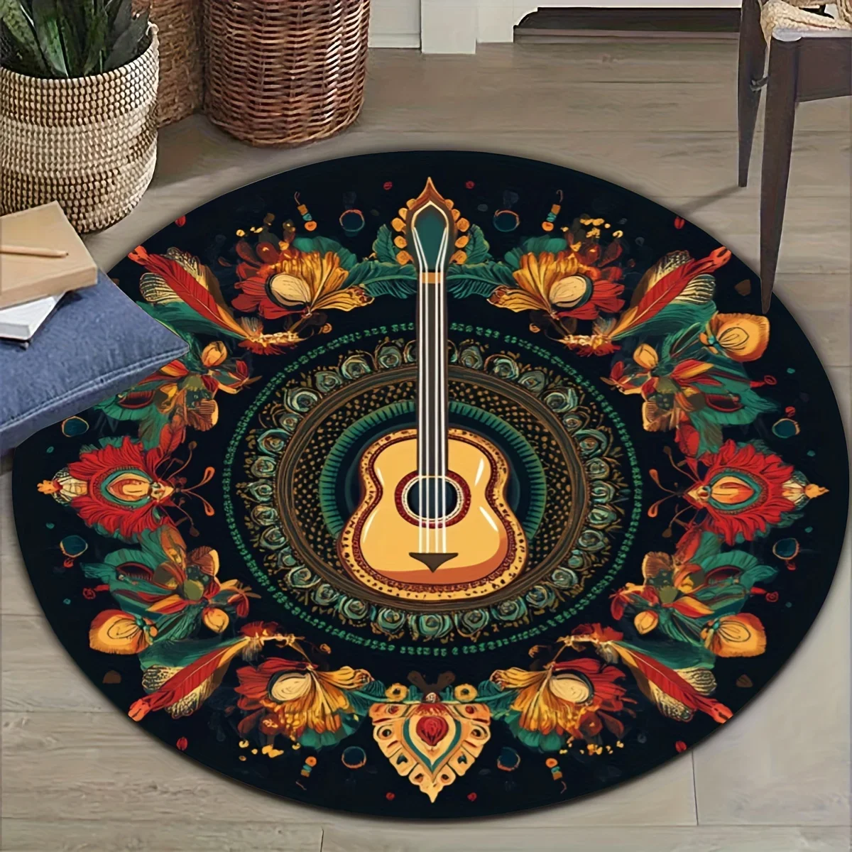 Guitar Mandala Round Flannel Rug Printed Boho Art Floor Mat for Living Room Bedroom Music Studio Kids Play Area Soft Non Slip