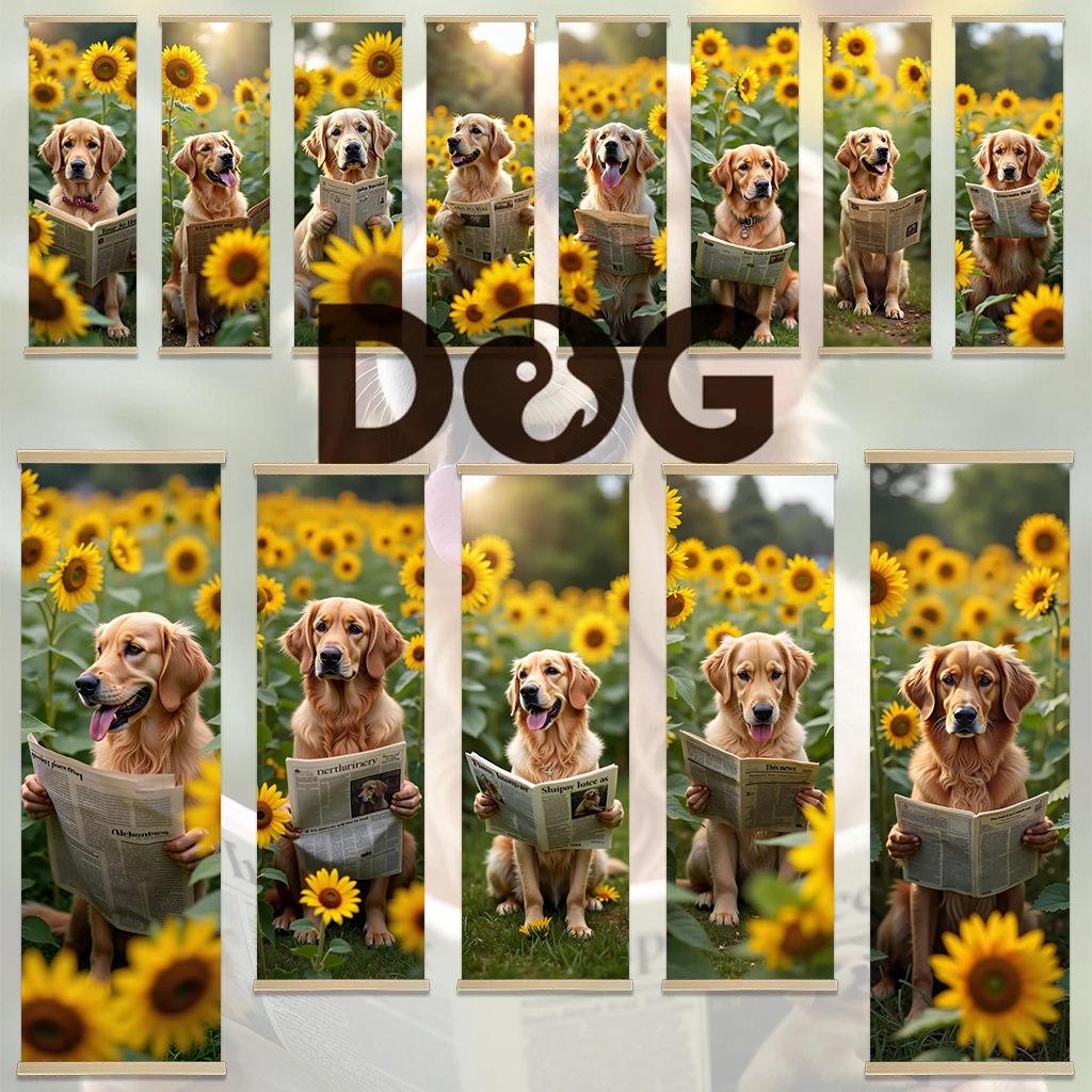 golden retriever is in a sunflower garden Wooden scroll painting wall hanging painting wall painting room decoration