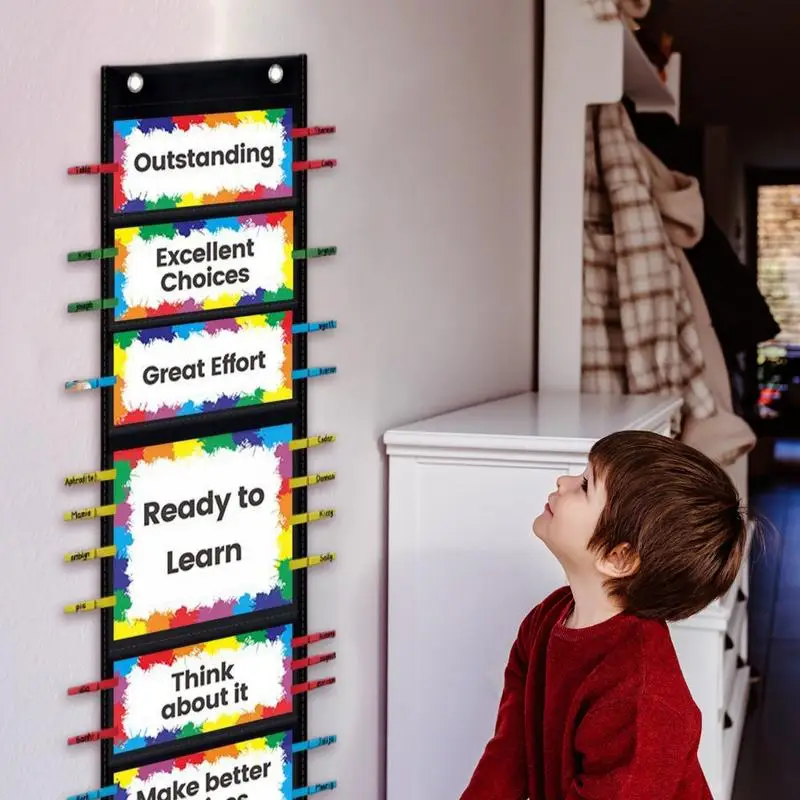 Kids Behavior Chart Reward Pocket Chart For Kids Track Dangling Bulletin Board With Wooden Clips Multifunctional Behavior Chart