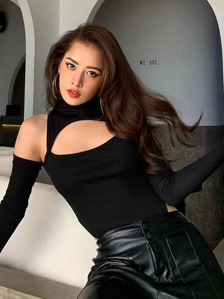 One-Pieces Body Feminino Long Sleeve Corset Top Fashion Trends Women Clothing Turtleneck Black Bodysuit Off Shoulder Hollow Out