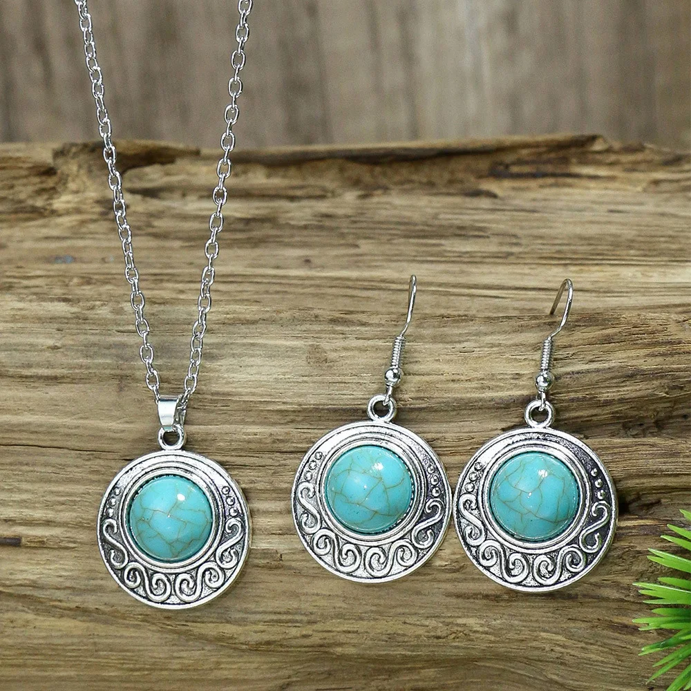 Vintage Boho Elegant Water Drop Flower Pendant Necklaces Earrings Set for Women Ethnic Blue Stone Geometric Jewelry Accessories