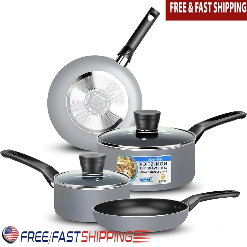 

6-Piece Nonstick Cookware Set Heat-Resistant Pots Pans with Lids Dishwasher Safe Easy Clean Fry Saucepans Gas Electric Use