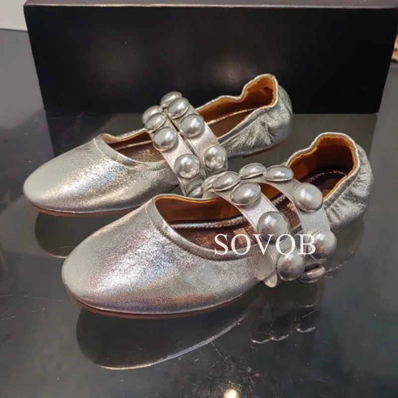 Spring Genuine Leather Ballet Flat Shoes Women Solid Color With Elastic Bands Roman Shoes Versatile Single Shoes Walking Shoes