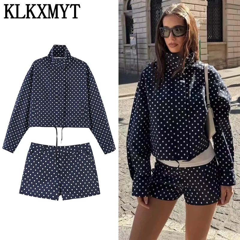 

Стильный комплект KLKXMYT: шорты в горошек и куртка на молнии с завязками, весна 2026. Повседневный женский костюм с шортами с высокой талией.