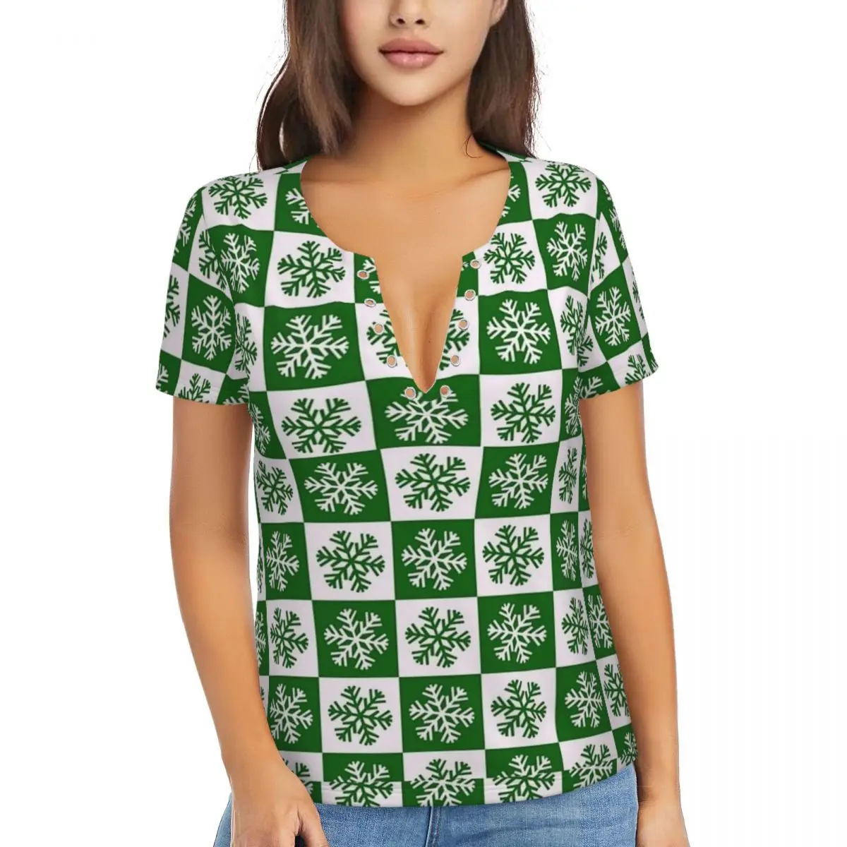 Christmas Snowflakes T Shirt Green Plaid Aesthetic Deep V Neck T-Shirts Short Sleeve Street Fashion Tshirt Beach Design Clothing