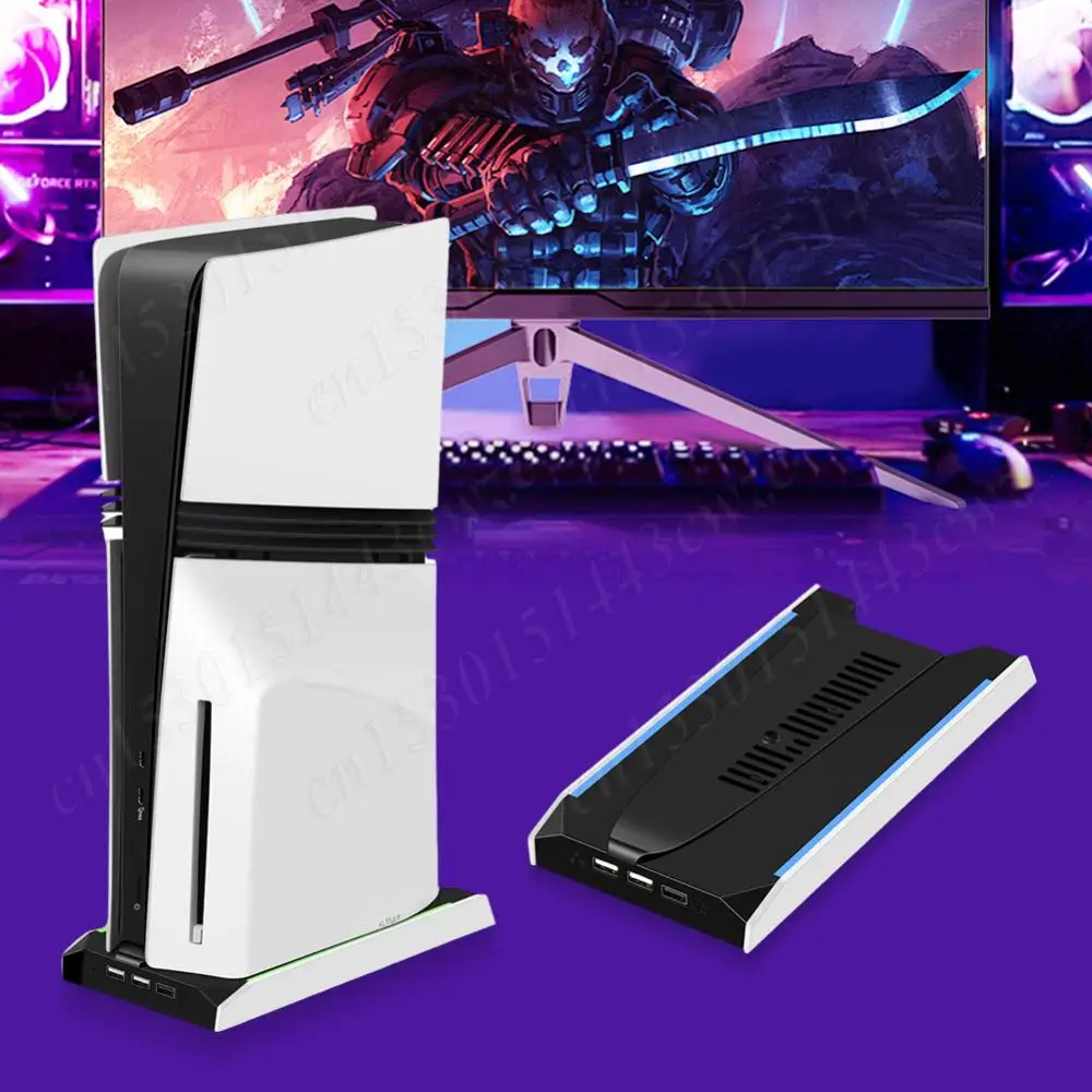 

For PS 5 Slim/PS 5 Pro RGB Vertical Cooling Stand Base with 3 USB 2.0 Ports Vertical Holder 8 Light Mode W/ 3-Speed Cooling Fan