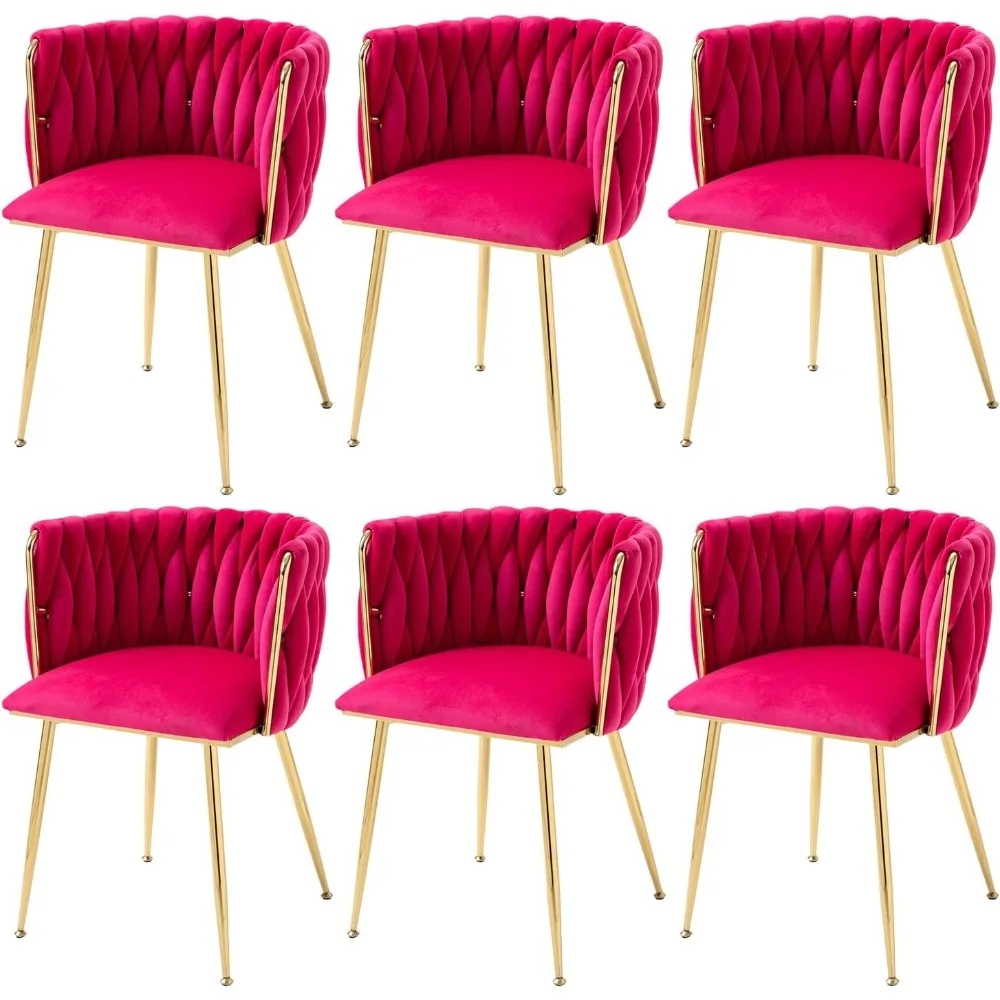 

Woven Dining Chairs Set of 6, Velvet Upholstered Dining Chairs with Gold Metal Legs, Modern Accent Chairs for Living Room