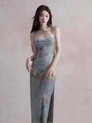 Y2k Vintage Strap Dress Retro Floral Print Sleeveless Summer Party Long Dresses for Women 2000s Aesthetic Elegant Dress