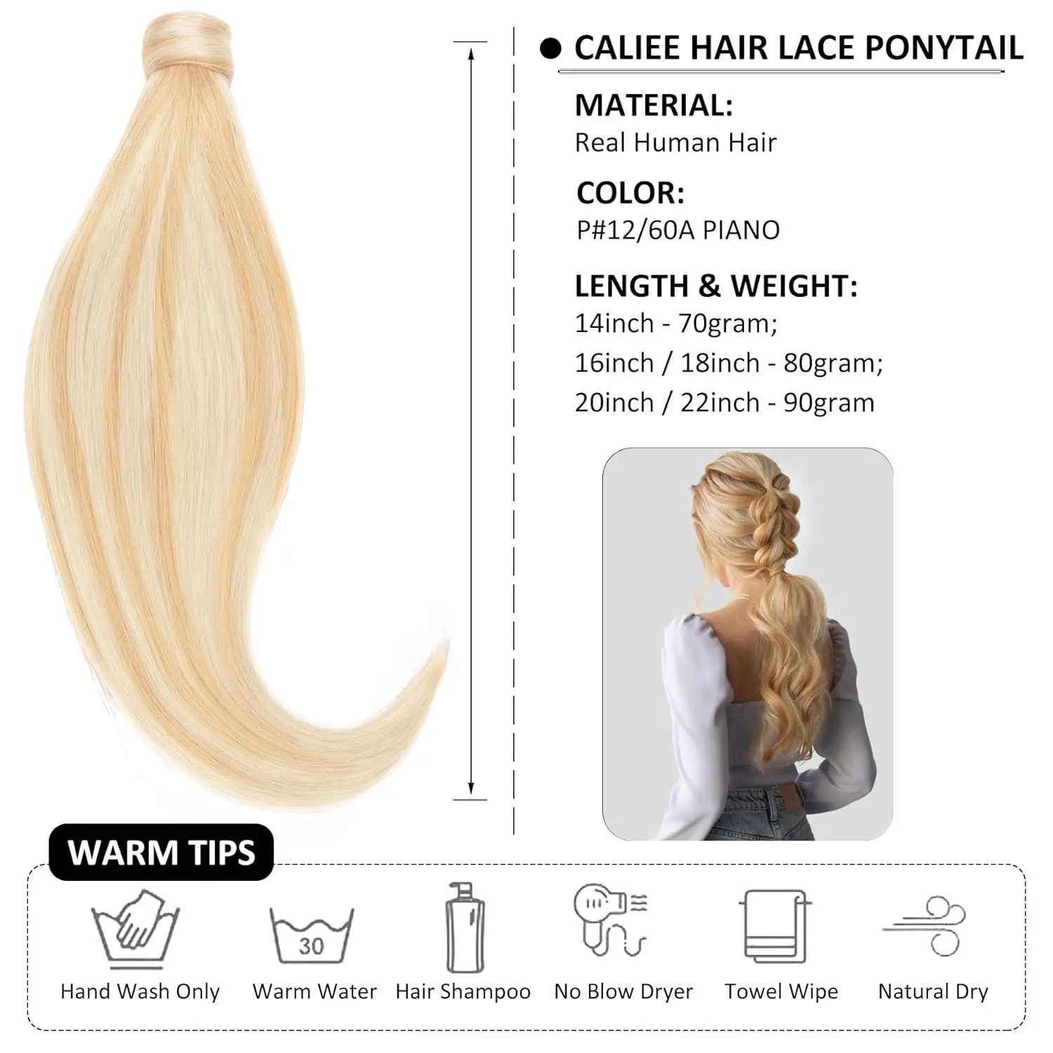 Caliee 16Inch Ponytail Hair Extension For Women 100% Remy Human Hair Silky Straight Long Ponytail Extension Highlight P12/60A