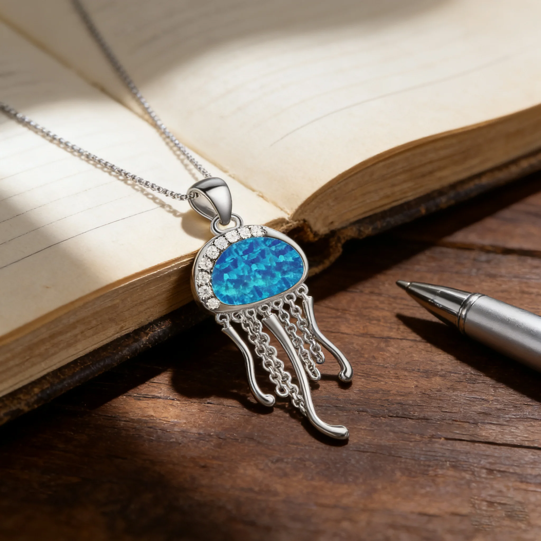 قلادة أنيقة على شكل قنديل البحر مع تاج من حجر الراين المتلألئ من العقيق الأزرق، هدية مجوهرات فاخرة فريدة من نوعها تحت عنوان المحيط للنساء