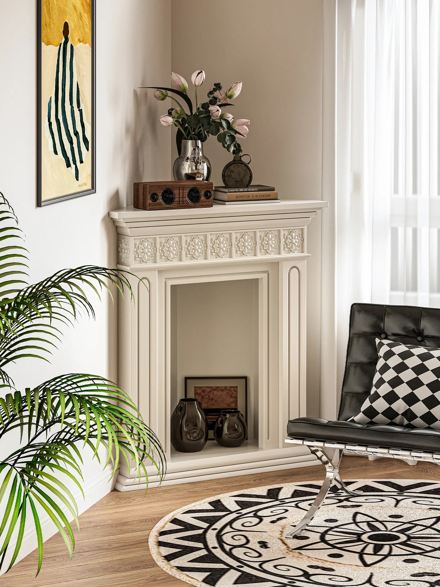 French simple triangular carved fireplace, corner cabinet in the entrance of the living room