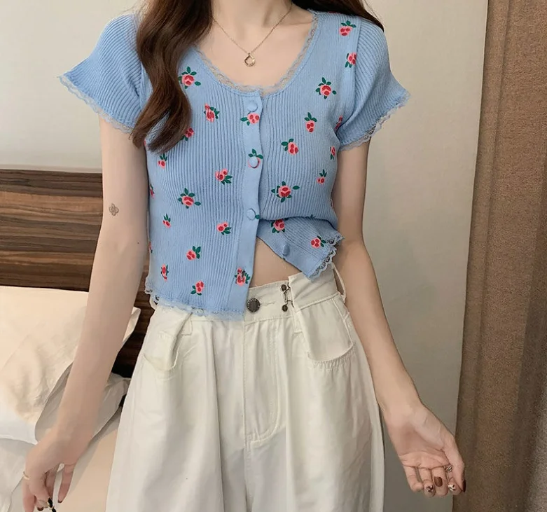 Spring/Summer New Fashion Short Sleeved Round Neck Printed Knitted T-shirt For Women,6 Colors