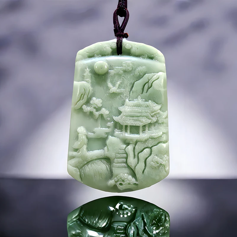 Green Natural Real Jade Landscape Pendant Necklace Chinese Talismans Designer Luxury Accessories Charm Gifts for Women Men