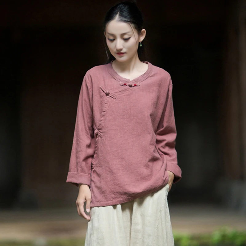 

Женская повседневная рубашка с длинным рукавом в китайском стиле, новинка 2025 года, осенние винтажные однотонные женские хлопковые льняные топы с круглым вырезом, рубашки M1969