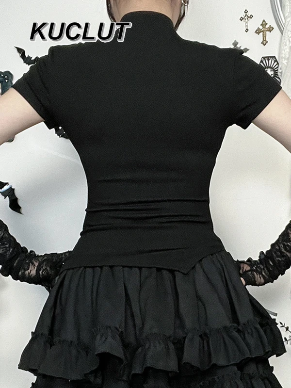 ゴシック半袖 Tシャツウエストスリムスパイス O ネックトップとスカートスーツサブカルチャー Y2k スタイル 2 点セット女性の夏