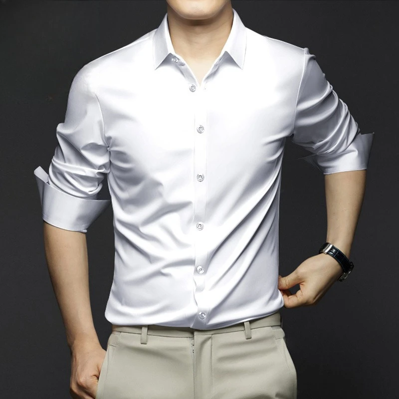 

Весенне-осенняя рубашка с длинными рукавами для мужчин, профессиональная официальная мода, деловая элитная рубашка из ледяного шелка, черная рубашка дюймов