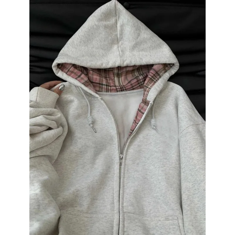 

Retro Patchwork Plaid Gray Hoodie Women Autumn Zipper Cardigan Tops Versatile Loose Casual Outerwear Female