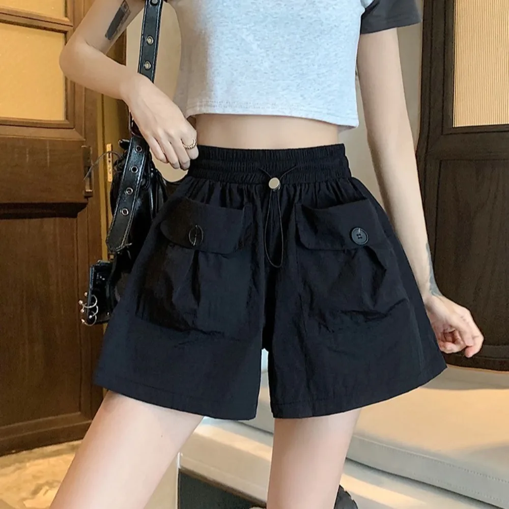

Fashion Loose High Waist Shorts Drawstring Large Pocket Wide Half Leg Pants Streetwear Lace Up Cargo Pants Summer
