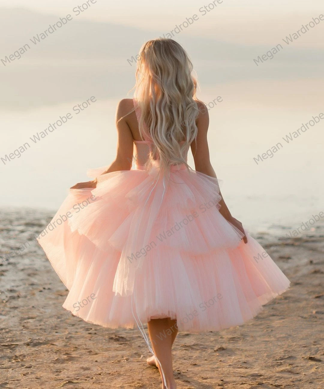 Pretty Sweet Pink Knee Length Prom Gowns Sling Tiered Ruffled Tulle Dresses Lace Up Back Mesh Women Dresses vestiti