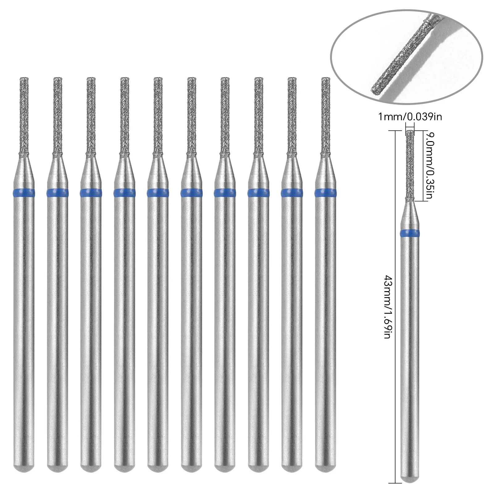 10Pcs/Set Diamond Nail Drill Bits 1.5mm Professional Cuticle Bit For Nail Drill Polishing Milling Cutter Manicure Accessories