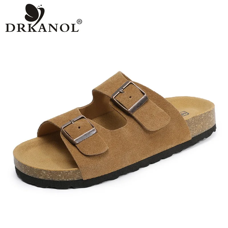 

DRKANOL Fashion Women Flat Cork Slippers Summer Quality Cow Suede Leather Slip On Open Toe Outside Casual Beach Slippers Slides