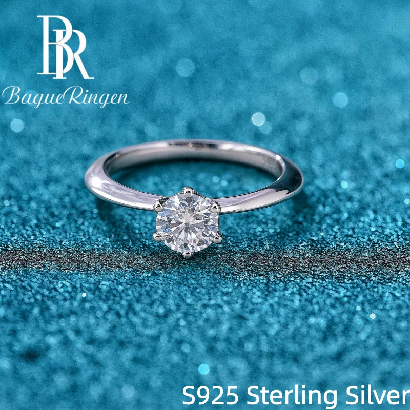 BR 0.5ct D Color Moissanite Ring 6-Prong Solitaire S925 Silver 18K White Gold Plated Round Cut Simple Engagement Wedding Jewelry