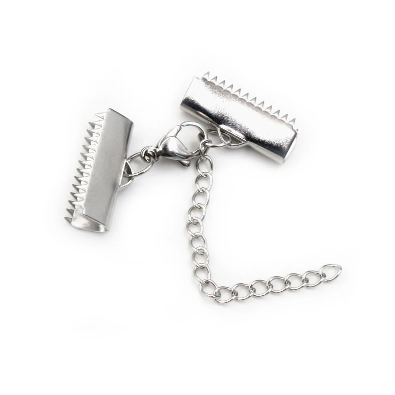 10pcs Stainless Steel Ribbon Leather Cord End Fastener Clasps With Chains Lobster Clasps Connectors For Bracelet Diy Making