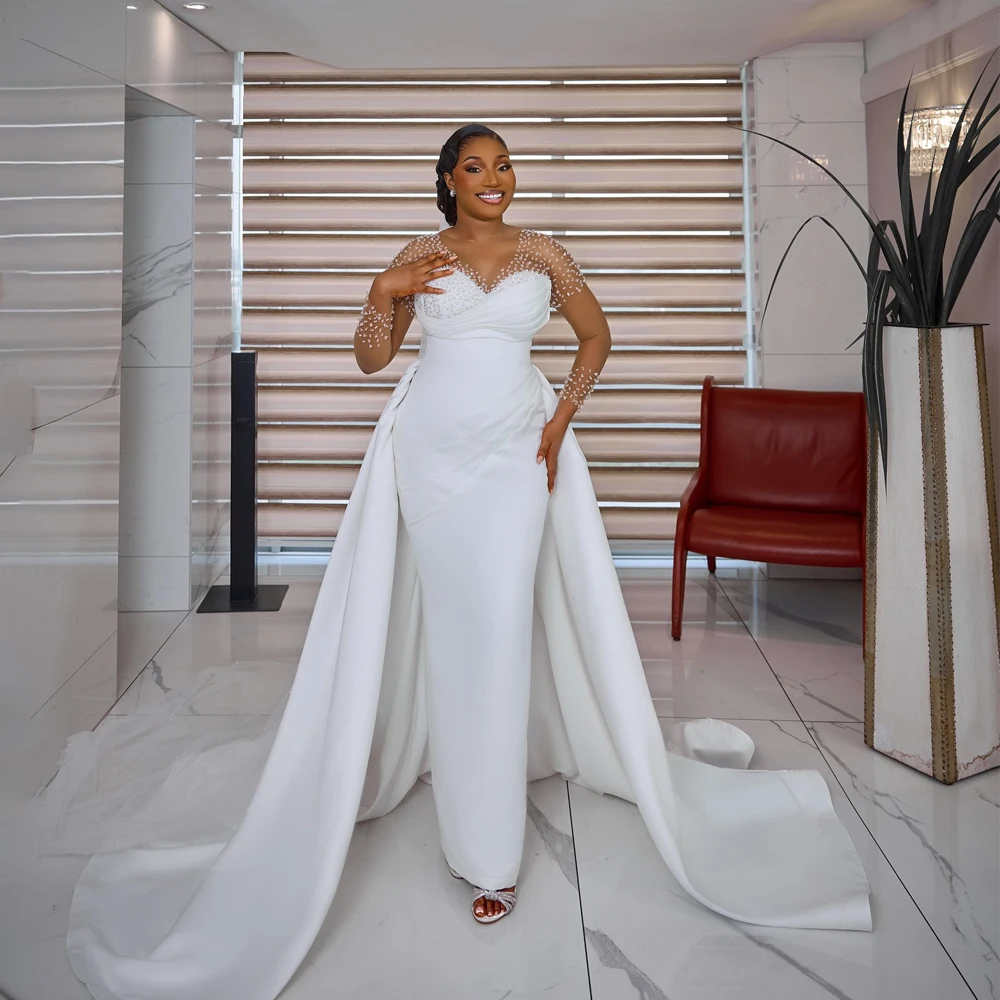 Aso Ebi Beaded Mermaid Wedding Dresses 2 in 1 Full Sleeve Wedding Dress Detachable Train Satin Gorgeous Bridal Gowns Customized