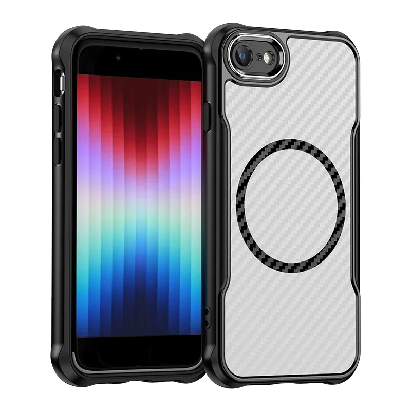 Luxury Carbon Fiber Texture Shockproof Phone Case For iPhone 7 8 SE 2020 2022 2024 TPU Frame Plastic Magsafe Magnetic Back Cover