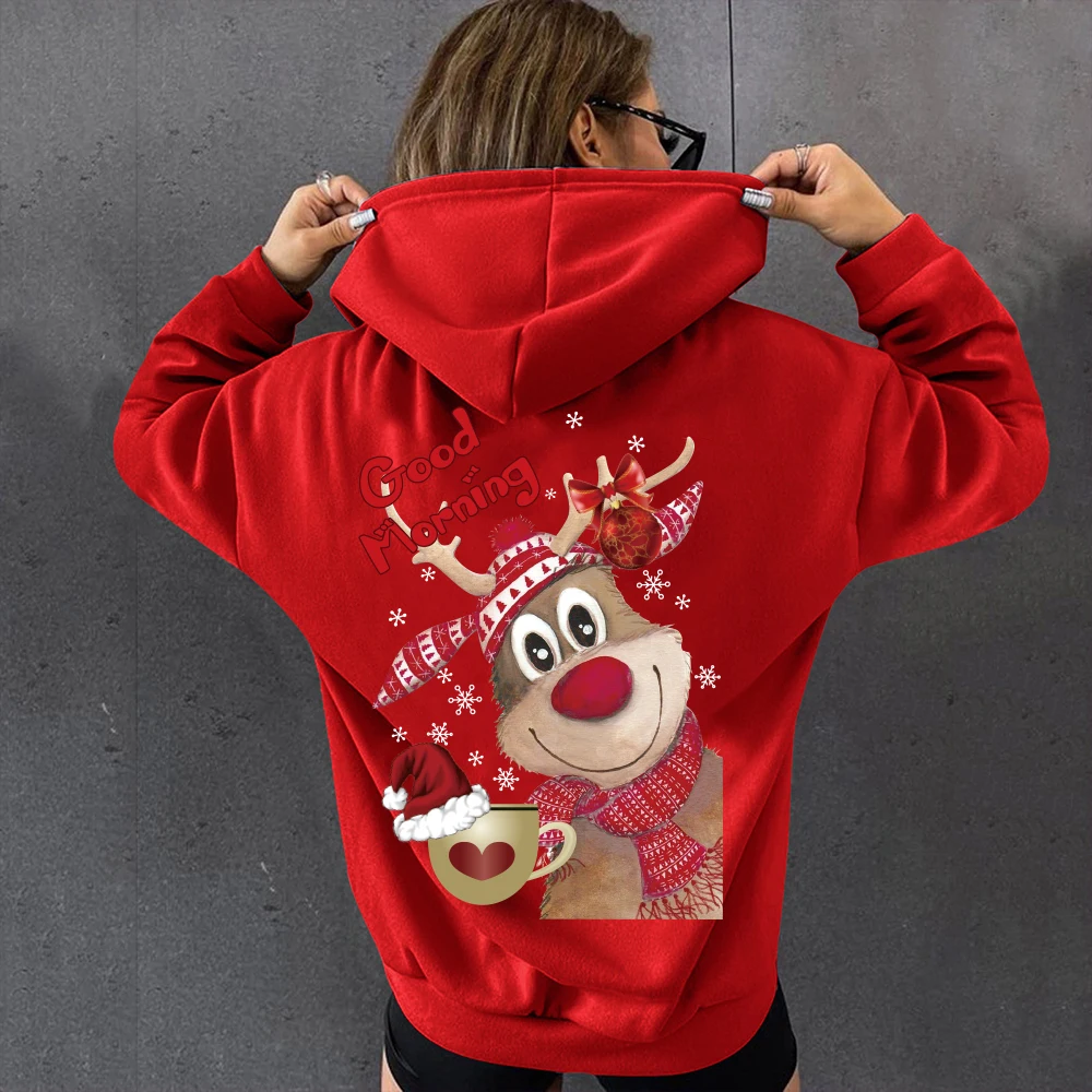 

Seeyoushy Winter Christmas Elk Good Morning Print Women Hoodies Cartoon FunnyHoliday Female Fleece Hooded Sweatshirt Cartoon Top