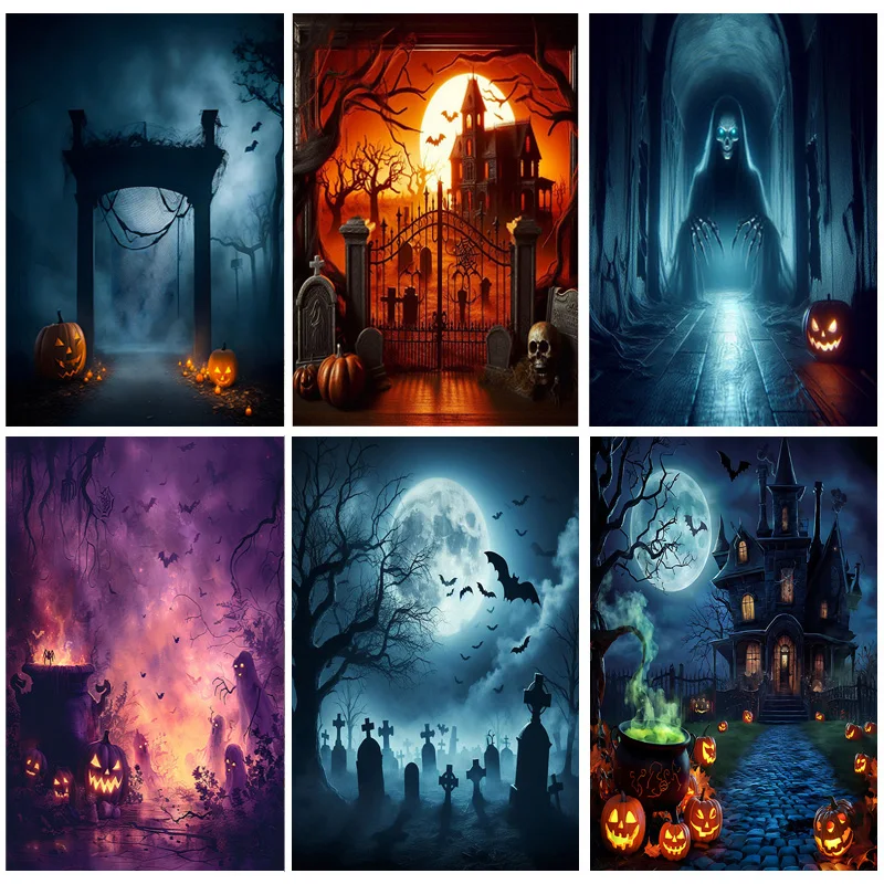 

Happy Halloween Party Backdrop Full Moon Scary Night Castle Graveyard Forest Bats Pumpkin Lantern Photography Background JS-9