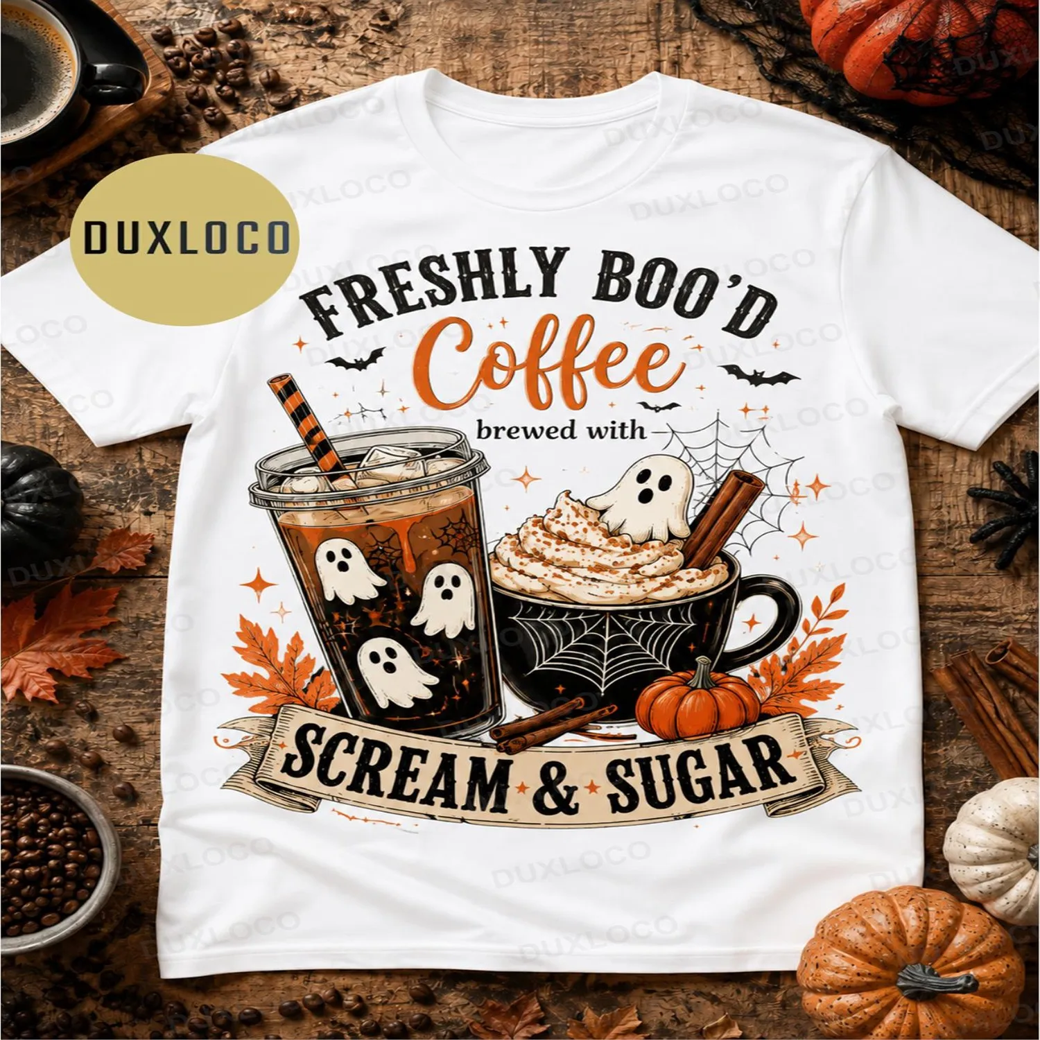 1pc Men'S And Women'S FRESHLY BOO'D COFFEE Vest Undershirt T-Shirt Spiderweb Bat Coffee Print Short Sleeve Top Suitable for Coffee Lovers Halloween Outfits Casual Crew Neck Fashionable Loose Fit Unisex tshirt, Graphic tshirt