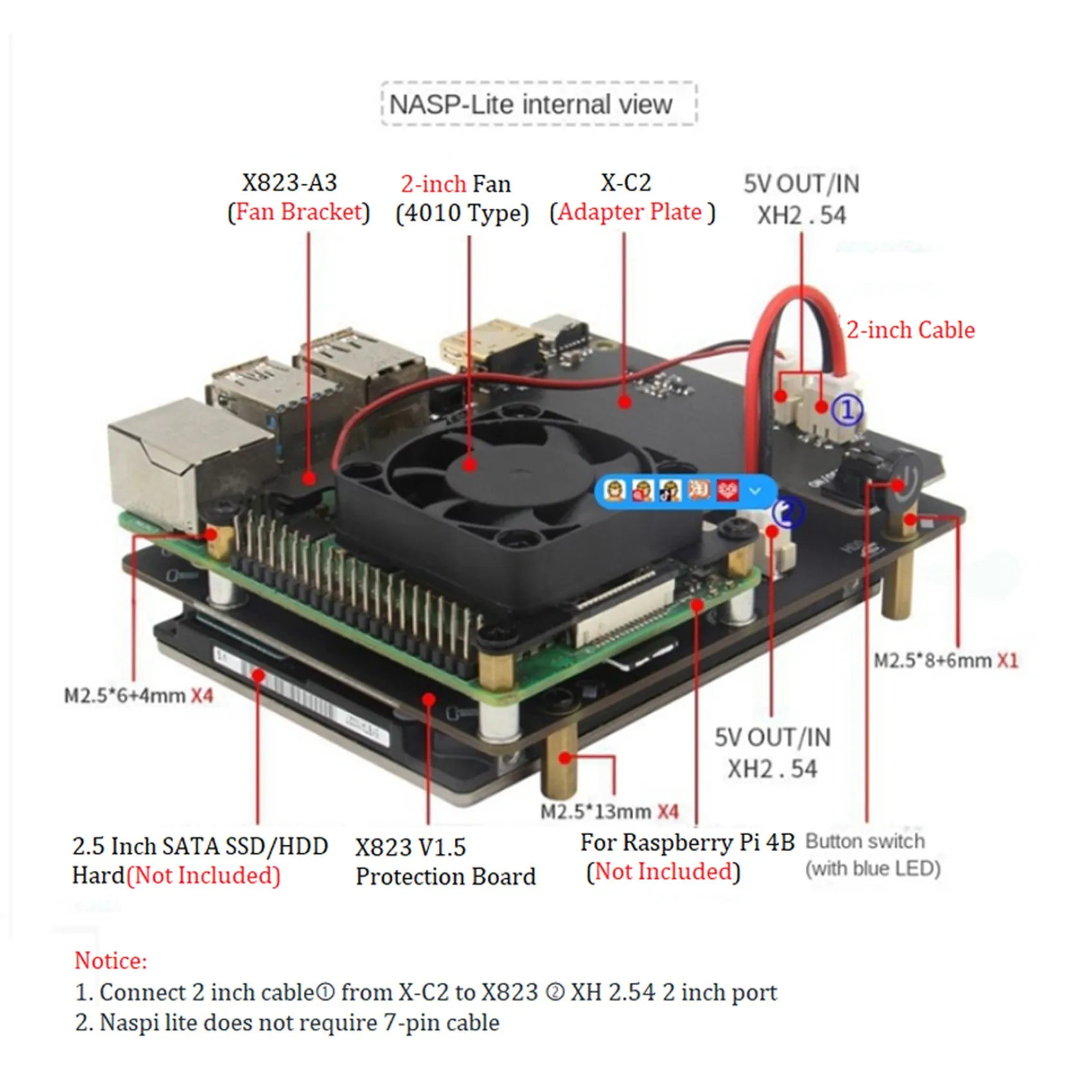 Imagem -04 - Naspi-case Kit de Armazenamento para Raspberry pi 4b 2.5 Sata Hdd Ssd Nas Suporte 98 mm de Espessura Plug us