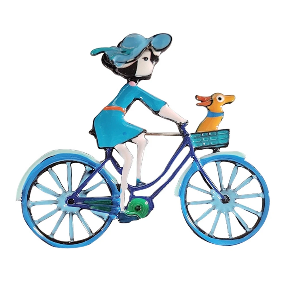 AliExpress Japanese Cute Puppy With Girl Bicycle Brooches for Women Casual Creative Alloy Brooches For Ladies Female Jewelry Gifts