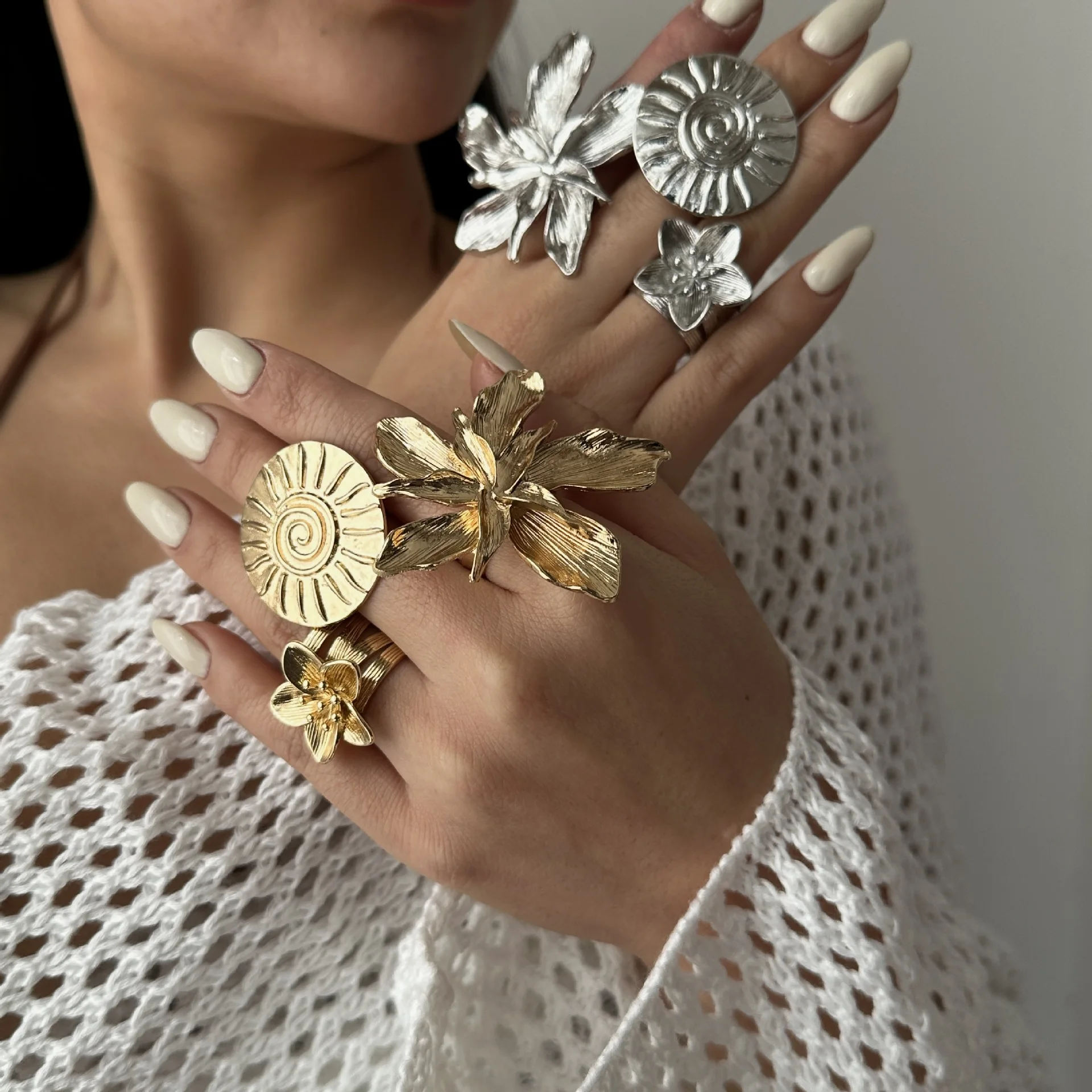 DIEZI 3 Style Korean Big Flower Geometric Rings For Women Punk Vintage Fashion Gold Color Geometric Knuckle Joint Ring Jewelry