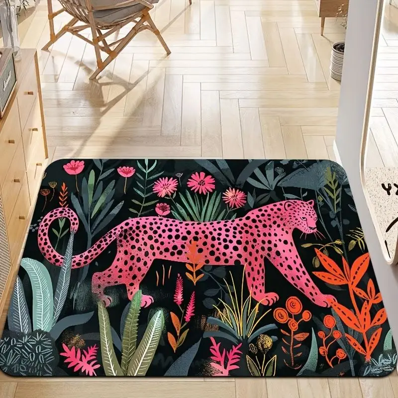 VIKAMA Retro Two Tigers Peony Printed Doormat Non Slip Entryway Floor Mat Floral Animal Indoor Home Rug