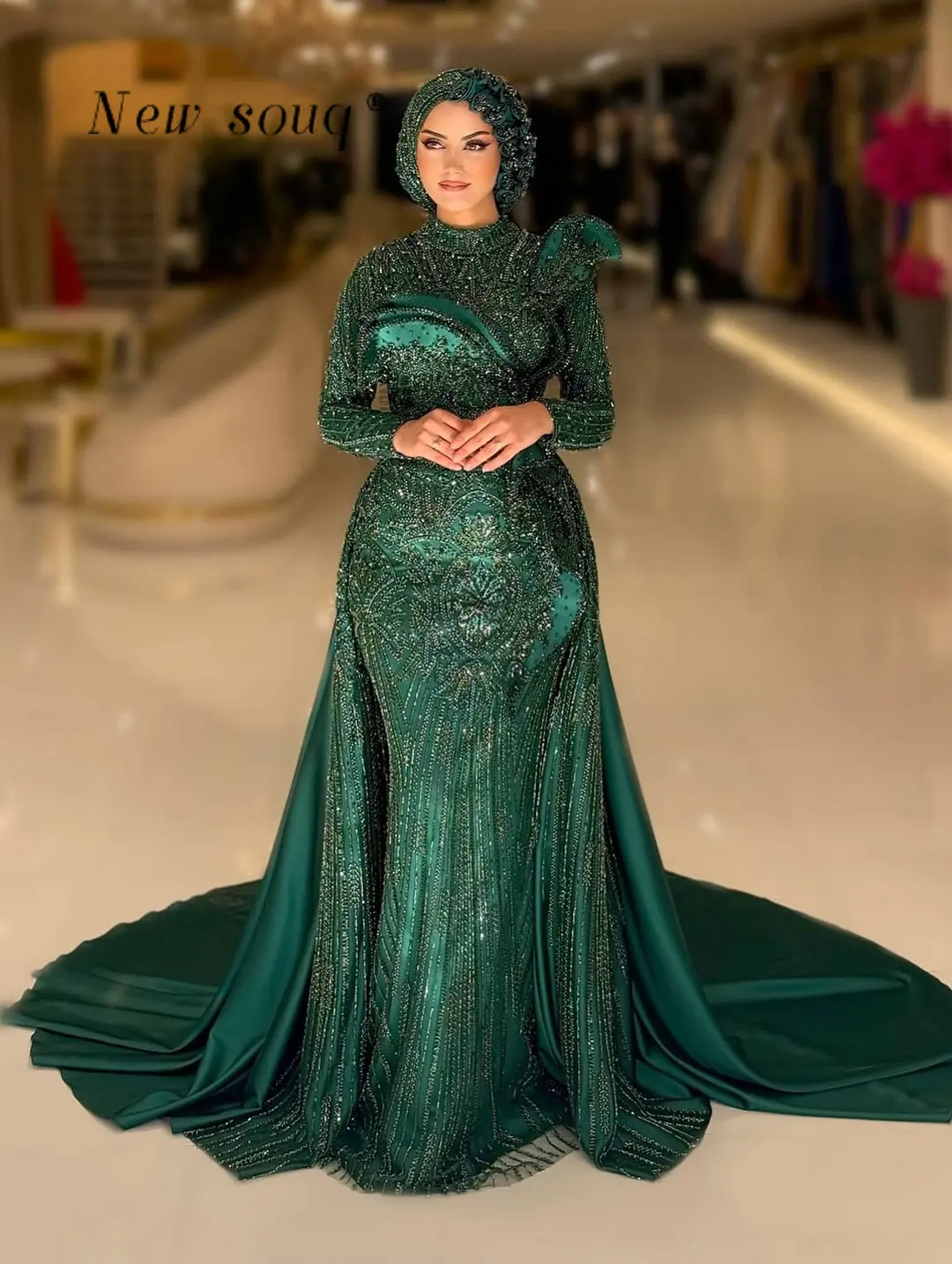 

Middle East Green Full Sleeved Muslim Evening Dresses Customized Formal Beaded Sequins Elegant Wedding Ceremony Party Gowns