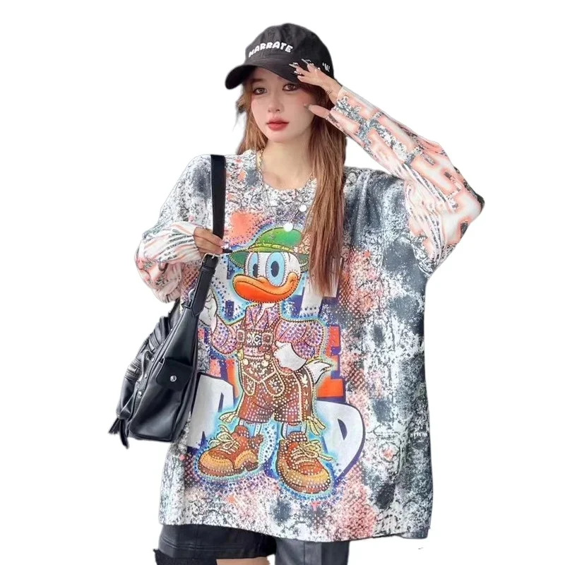 Fashion Cartoon Printed Knitted Tops Autumn and Winter New Hot Diamond Loose Round Neck Pullover Long Sleeve Sweaters Women