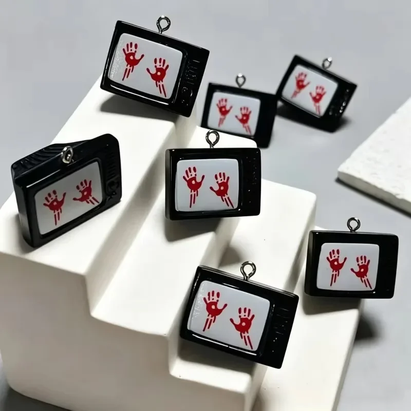 6Pcs Gothic Halloween Resin Charms, Bloody Red Handprint Mini Black TV Pendant, DIY Jewelry Making for Earring & Keychain