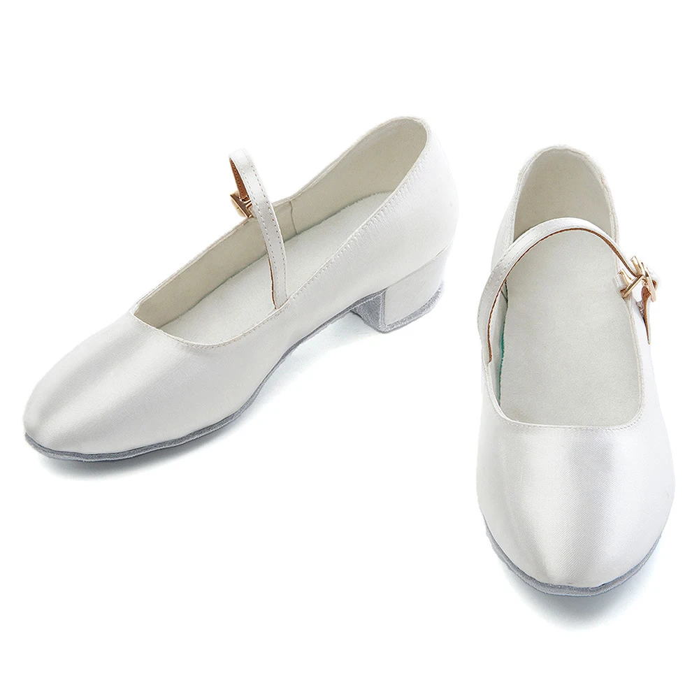 White Satin Girls Practise Latin Ballroom Dance Shoes For Trainning and Competitive