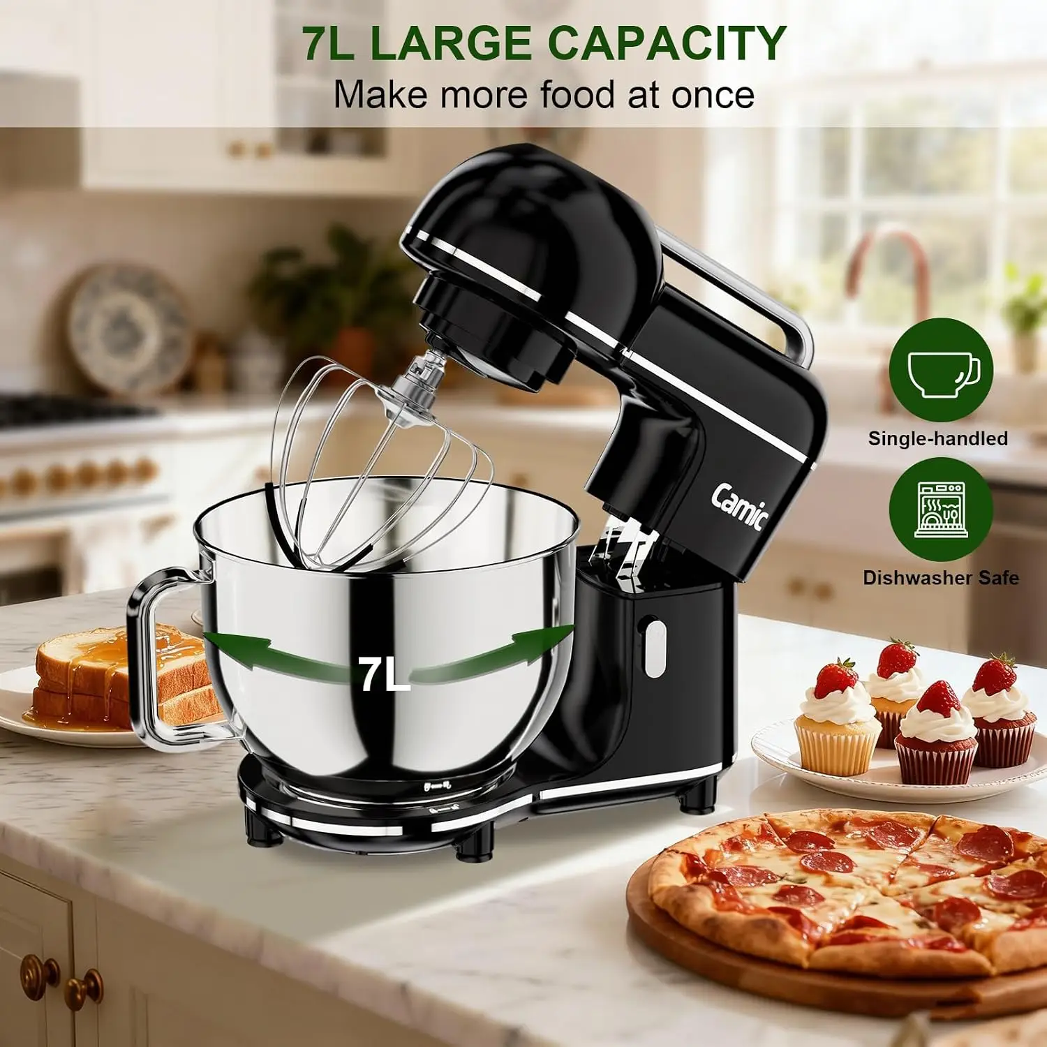 Electric Stand Mixer 7.45 Quart 10 Speeds Dough Hook Whisk Flat Beater Attachments Splash Guard Easy Carry Top Handle 3 In 1 Kit