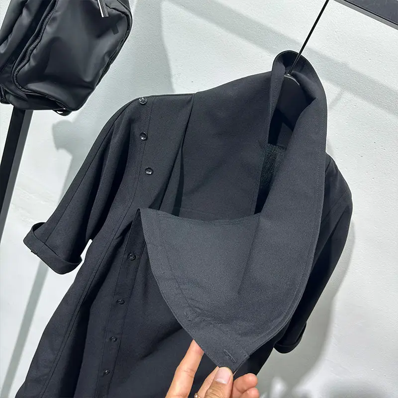 Summer Men's and Women's Fashionable Design Sense Avant-Garde Stand Collar Irregular Shirt Pu Handsome Retro Short Sleeve Top