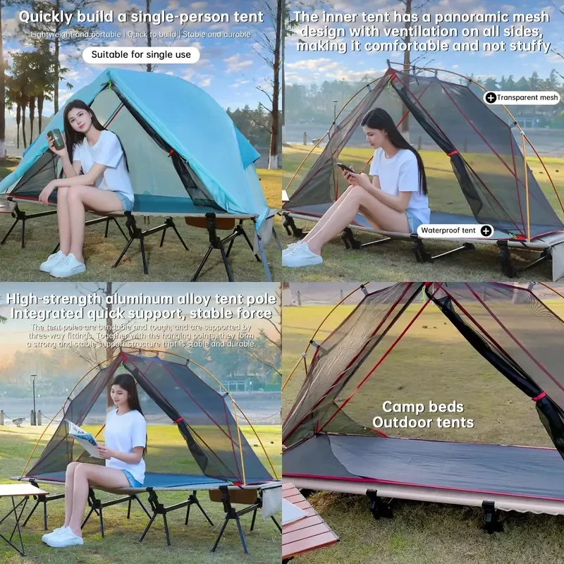 Portable Single Person Camping Tent Outdoor Ultra-light Folding Off Ground Tent with Mosquito Net Windproof Anti-UV Camping