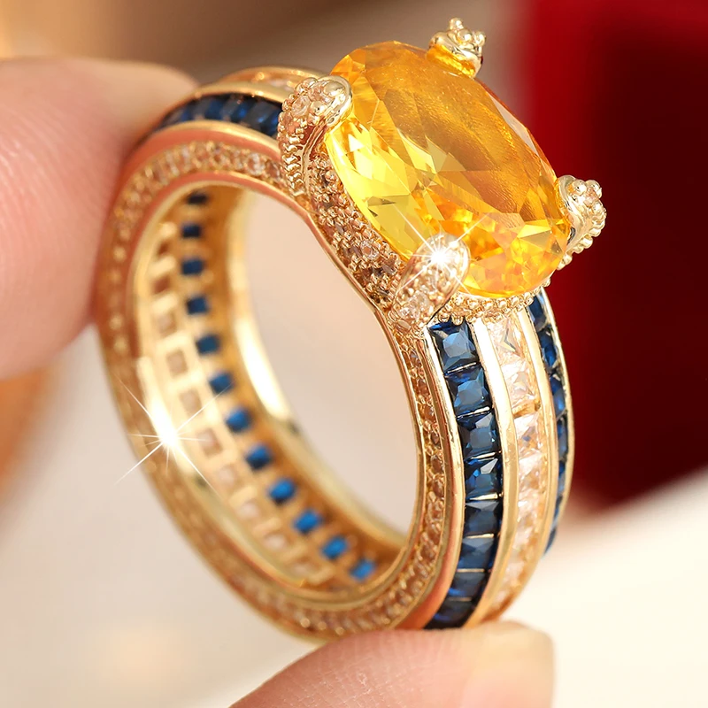 

Exquisite Inlaid White Blue Champagne CZ Women's Ring Trendy Gold Color Geometry Daily Wear Party Jewelry Anniversary Gift