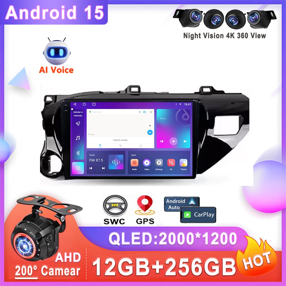 Radio de coche Android 15 para Toyota Hilux Pick Up AN120 2015 - 2020 reproductor Multimedia unidad principal estéreo No 2din DVD pantalla QLED 5G BT